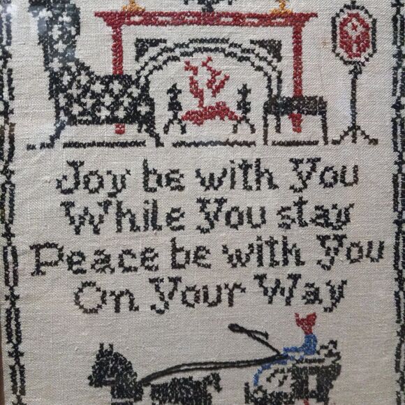 Antique Framed Cross Stitch Sampler-Joy Be With You-Folkart-Needlepoint-Primitve - Picture 4 of 8